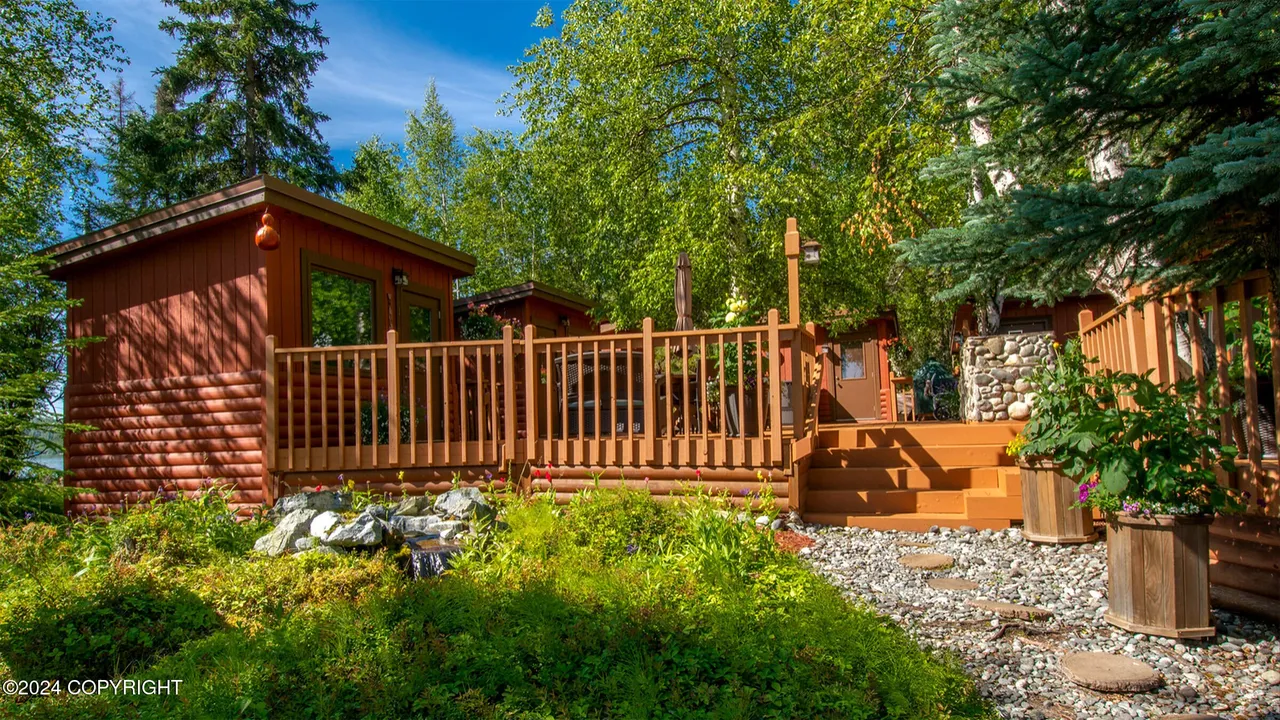 Wide deck with mature birch tree growing through the planking